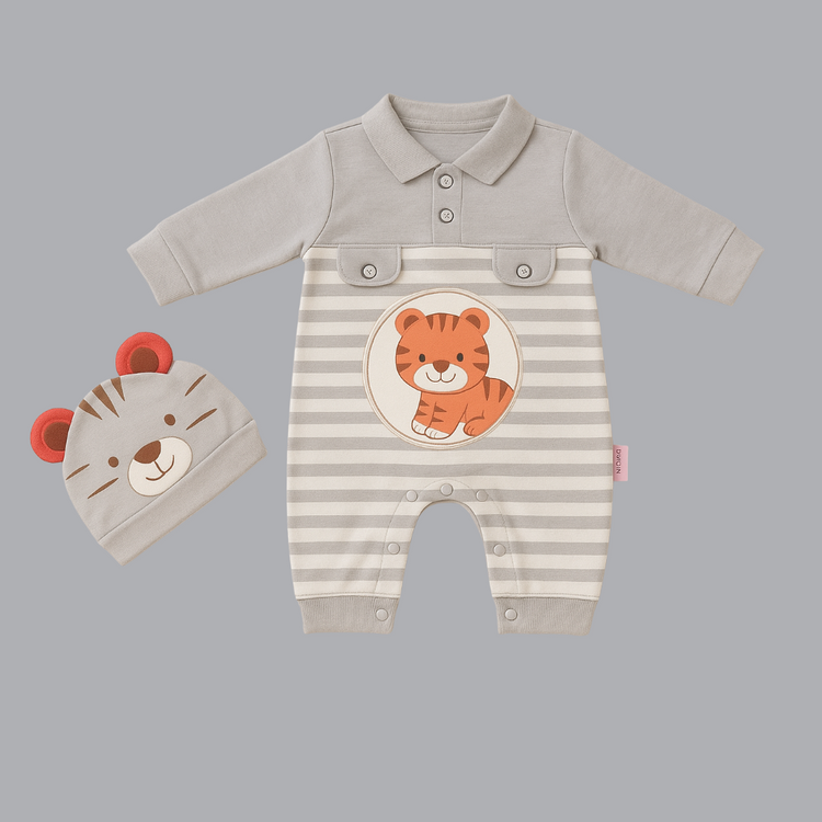 Branded Comfy Baby Romper & Hat Set - Tiger/Bear Theme