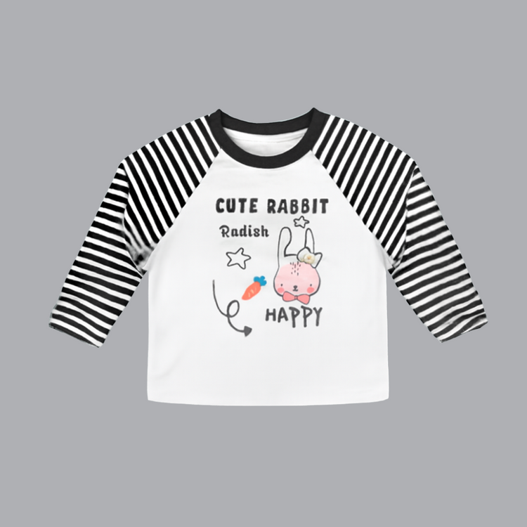 Imported Baby Rabbit Graphic T-Shirt with Black and White Striped Sleeves