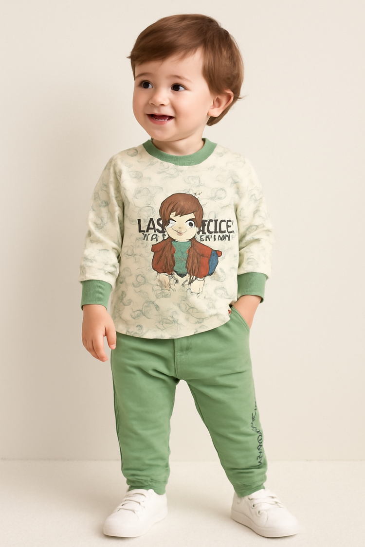 Playful Toddler Cartoon Sweatshirt & Green Pants Set